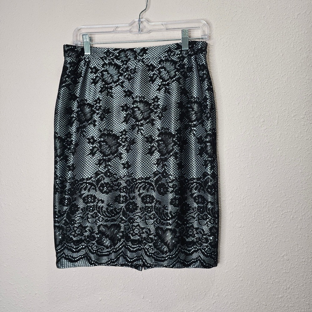 Black Lace Pencil Skirt Size 6 Silver Gray Shiny Statement Poetcore Glamoratti